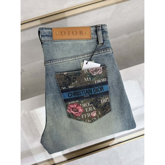 Dior Light Wash Denim Jeans with Floral Christian Dior Pocket Detail